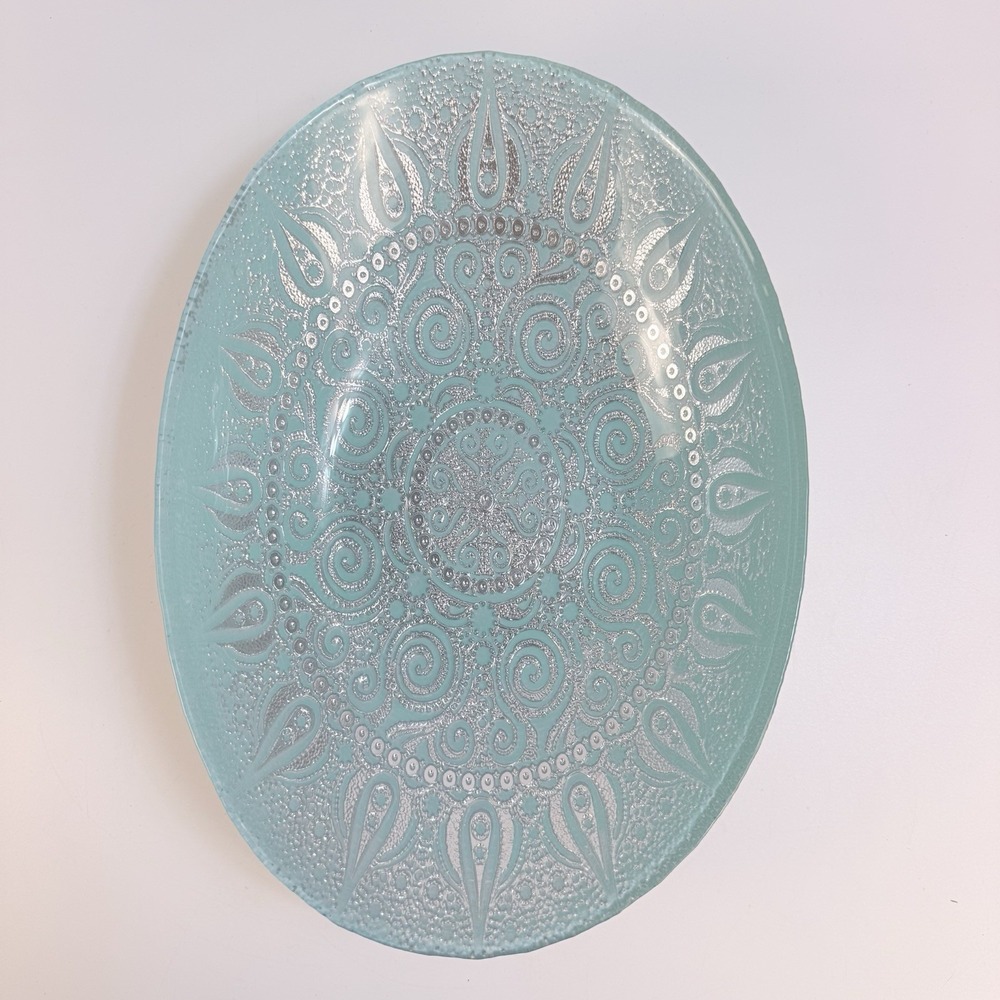 Azzurra Turkish Silver and Blue Teal Art Glass Bowl Handmade 12x9